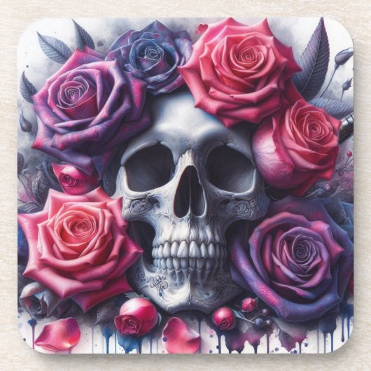 Schedel omgeven door levendige Rozen Bier Onderzetter (Voorkant)