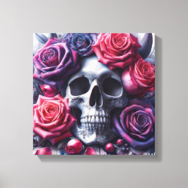 Schedel omgeven door levendige Rozen Canvas Afdruk