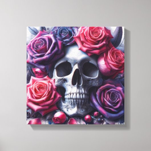 Schedel omgeven door levendige Rozen Canvas Afdruk (Voorkant)
