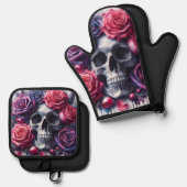 Schedel omgeven door levendige Rozen Ovenwant & Pannenlap Set (Voorkant / Achterkant)