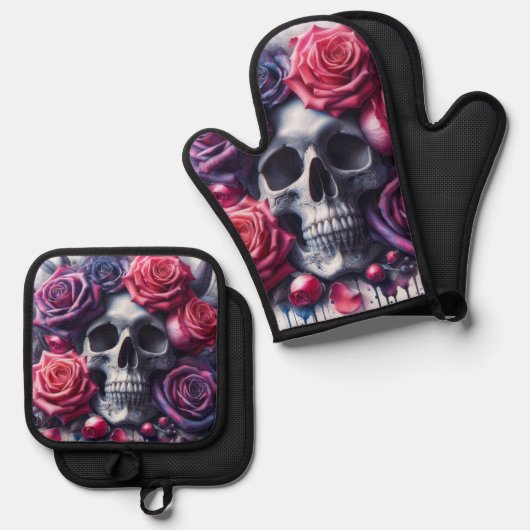 Schedel omgeven door levendige Rozen Ovenwant & Pannenlap Set (Voorkant / Achterkant)