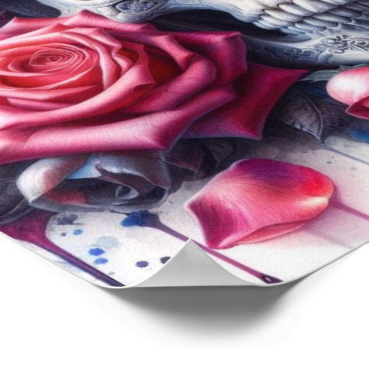 Schedel omgeven door levendige Rozen Poster (Hoek)