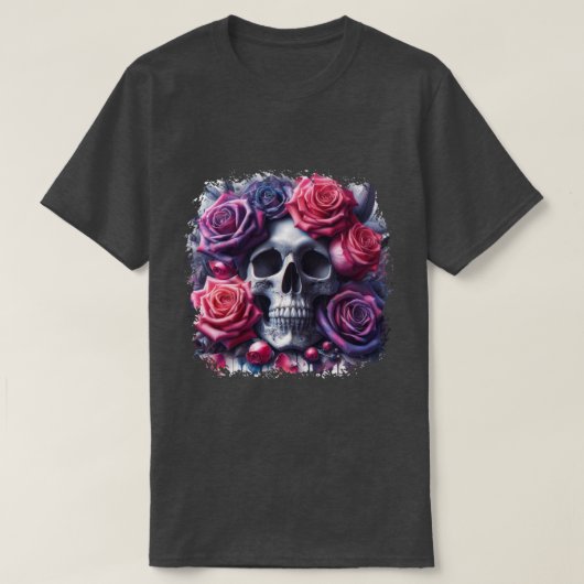 Schedel omgeven door levendige Rozen T-shirt (Design voorkant)