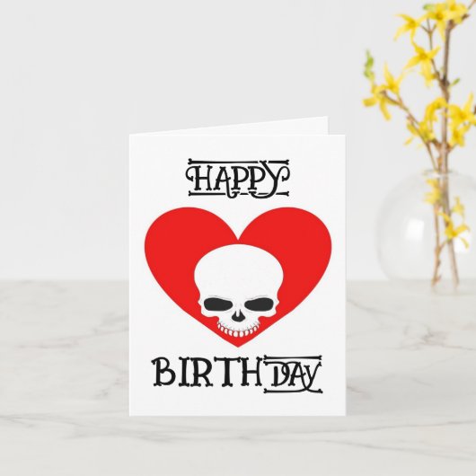 schedel op hart verjaardagskaart wit kaart (Gele Bloem)