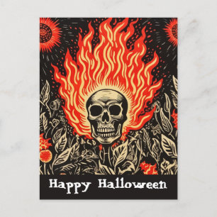 Schedel op vuur Linocut Art Happy Halloween Briefkaart