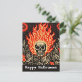 Schedel op vuur Linocut Art Happy Halloween Briefkaart (Staand voorkant)