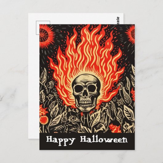 Schedel op vuur Linocut Art Happy Halloween Briefkaart (Voorkant / Achterkant)