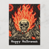 Schedel op vuur Linocut Art Happy Halloween Briefkaart (Voorkant)