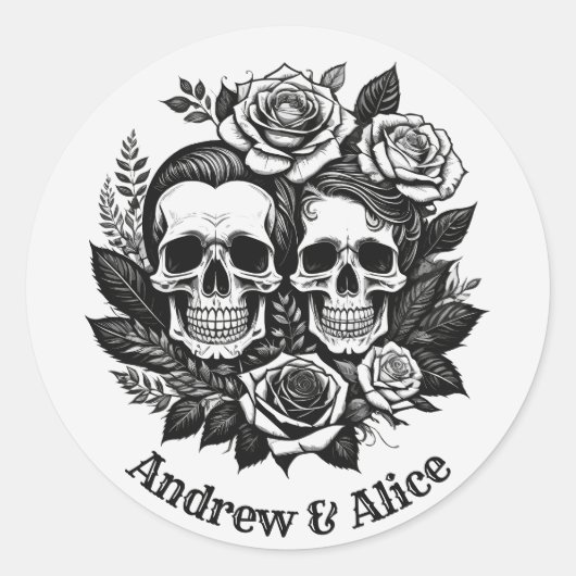 Schedel paar aangepaste naam T-Shirt Ronde Sticker (Voorkant)