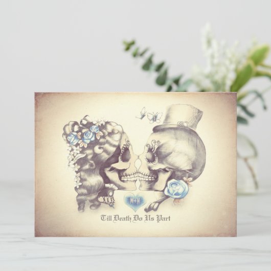 Schedel Paar Dag van de Dode Bruiloft Uitnodiginge Kaart (Staand voorkant)