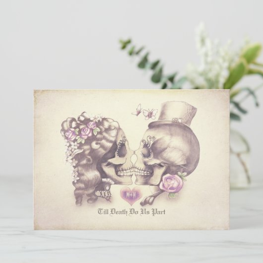 Schedel Paar Dag van de Dode Bruiloft Uitnodiginge Kaart (Staand voorkant)