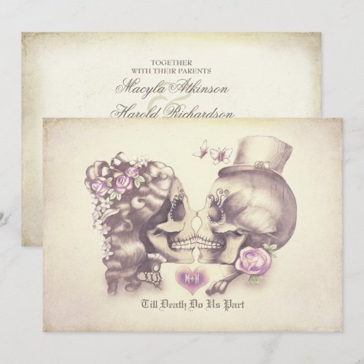 Schedel Paar Dag van de Dode Bruiloft Uitnodiginge Kaart (Voorkant / Achterkant)