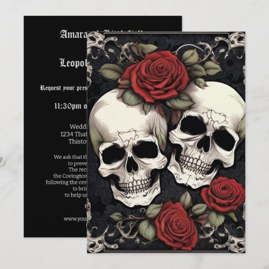 Schedel Paar en Rozen Gotische Elegantie Bruiloft Kaart (Voorkant / Achterkant)
