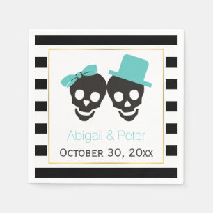Schedel paar en strepen aqua Halloween bruiloft Servet