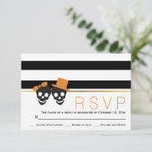 Schedel paar en strepen Halloween bruiloft RSVP (Staand voorkant)