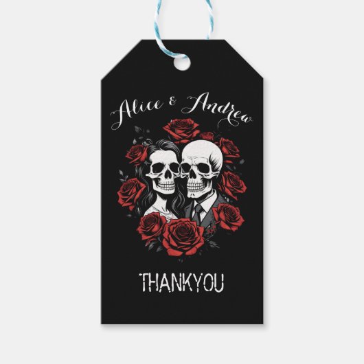 Schedel paar gothic met rozen aangepaste naam cadeaulabel (Voorkant)