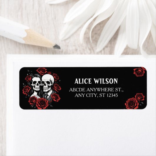 Schedel paar gothic met rozen aangepaste naam etiket (Insitu)