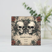 Schedel Paar met Rozen Gotische Halloween Bruiloft Kaart (Staand voorkant)