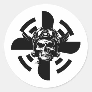 Schedel Piloot & Vliegtuig Propeller, Minimalistis Ronde Sticker