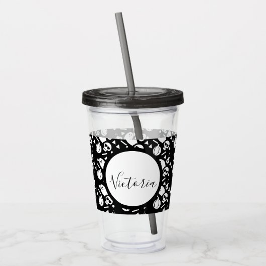 Schedel Pompoen Script Geborduurd Acryl  Drinkbeker (Links)
