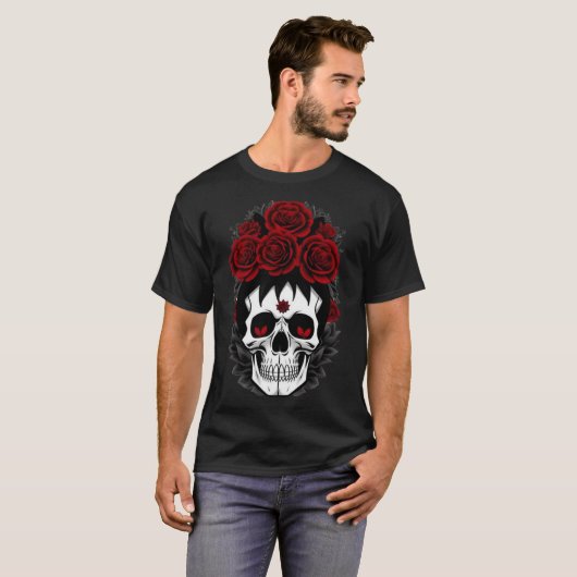 Schedel rode bloemen gothic shirt (Voorkant volledig)