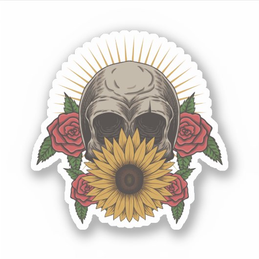 Schedel Rode rozen Zonnebloem Sticker (Voorkant)