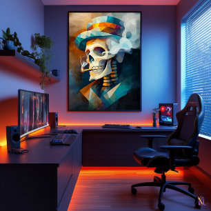 Schedel Roken Een Sigaret - Kubistische Minimalist Poster