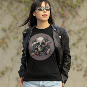 Schedel Rozen en vlinders in getextureerde Mauve T-shirt