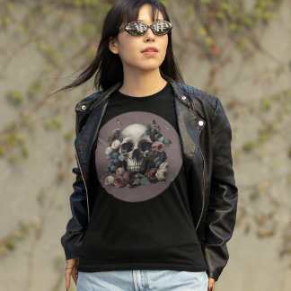 Schedel Rozen en vlinders in getextureerde Mauve T-shirt