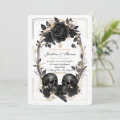 Schedel Rozen Zwart Wit Goud Gotische Bruiloft Kaart (Staand voorkant)