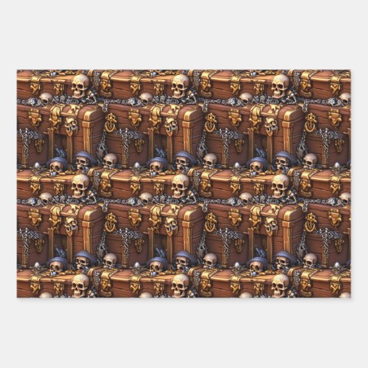Schedel schatkist 3D bruin goud piraten thema Inpakpapier Vel (Voorkant)