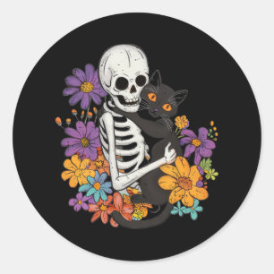 Schedel Skelet Knuffelen Zwarte Kat Bloemen Hallow Ronde Sticker