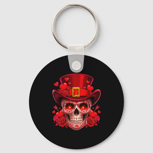 Schedel Skull Valentijn Cupido Rode Rozen Koppels Sleutelhanger (Voorkant)