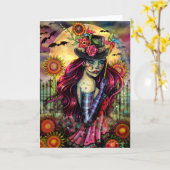 Schedel Sugar Meisje Halloween Fantasy Kunst Blank Kaart (Gele Bloem)