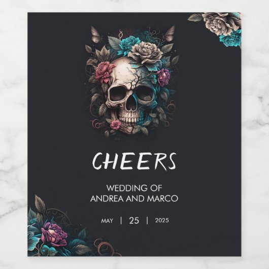 Schedel Tattoo Rock en Roll Gotische bruiloft Wijn Etiket (Enkel label)