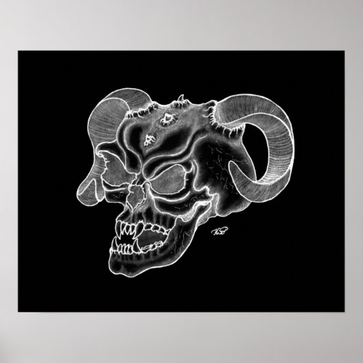Schedel Teufelschädel zwart wit tekening Poster (Voorkant)