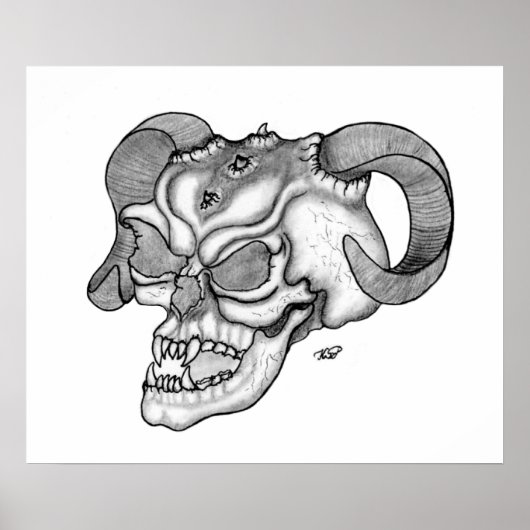Schedel Teufelschädel zwart wit tekening Poster (Voorkant)