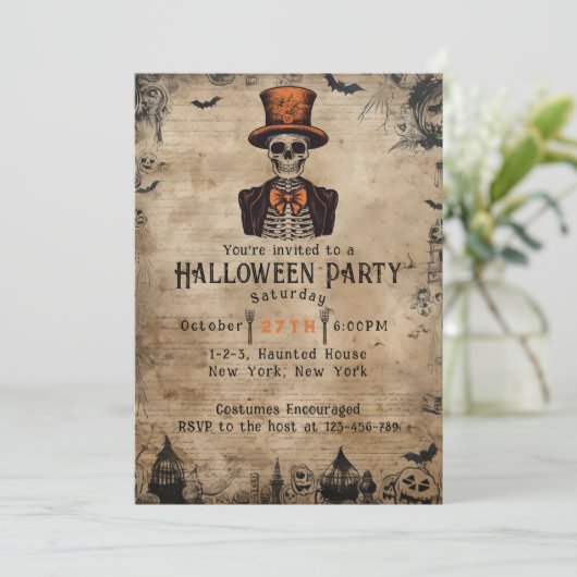 schedel Top Hoed Adult Halloween Party Kaart (Staand voorkant)