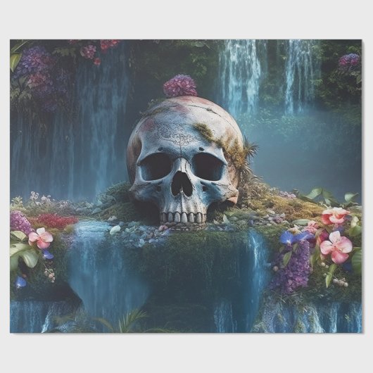 Schedel tussen watervallen en bloemen cadeaupapier (Vlak)