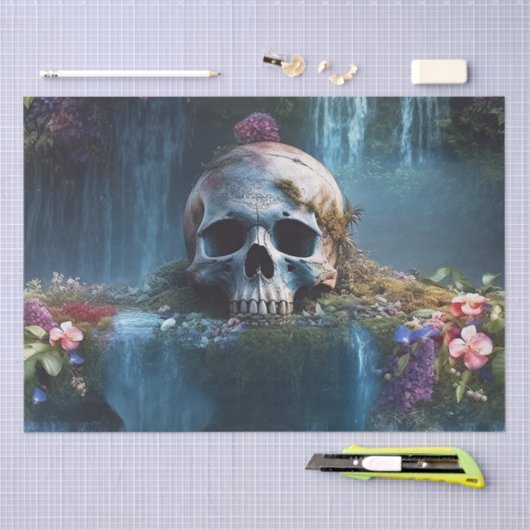 Schedel tussen watervallen en bloemen Decoupage Tissuepapier (Craft)