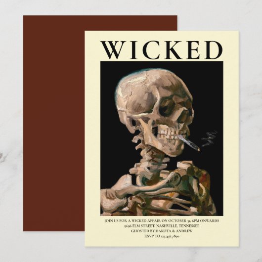 Schedel van een skelet fijn-kunst halloween uitnod kaart (Voorkant / Achterkant)