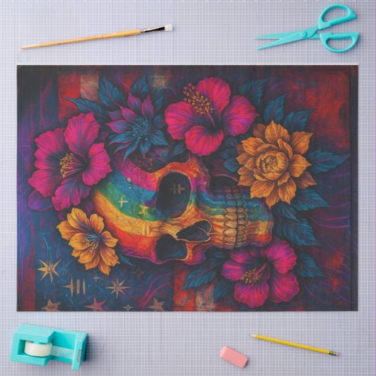 Schedel van kleuren en bloemen Decoupage Papier –  (Craft)