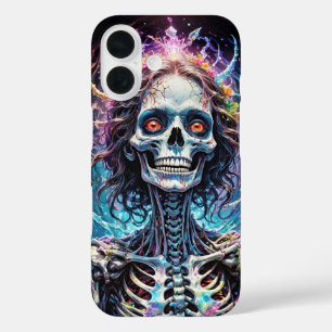 Schedel van lachende vrouw horror met bloemen iPhone 16 hoesje