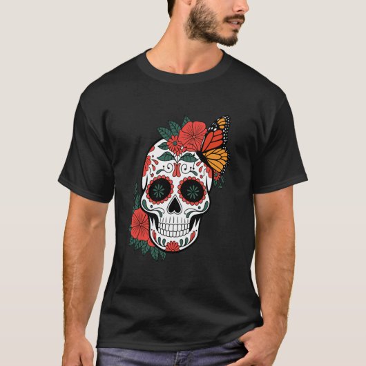 Schedel van Monarch Vlinder Cinco De Mayo Hallowee T-shirt (Voorkant)