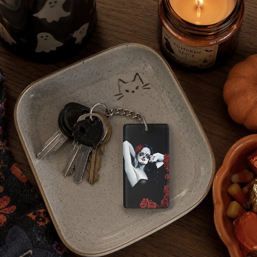 Schedel van Suiker Vrouw Gothic Zwarte Rode Rozen Sleutelhanger
