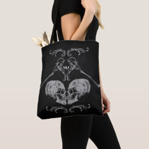 "Schedel Verliefd" Vintage Skeletten Zwart Tote Bag