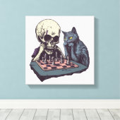 Schedel versus Kat � Grappige Schaakpartij Canvas Afdruk (Insitu (Houten vloer))