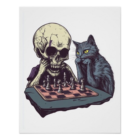 Schedel versus Kat � Grappige Schaakpartij Perfect Poster (Voorkant)