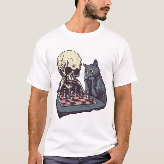 Schedel versus Kat � Grappige Schaakpartij T-shirt (Voorkant)