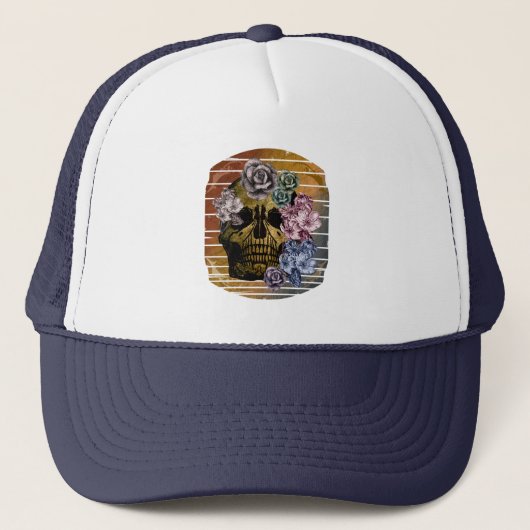 Schedel vintage bloemmotief trucker pet (Voorkant)